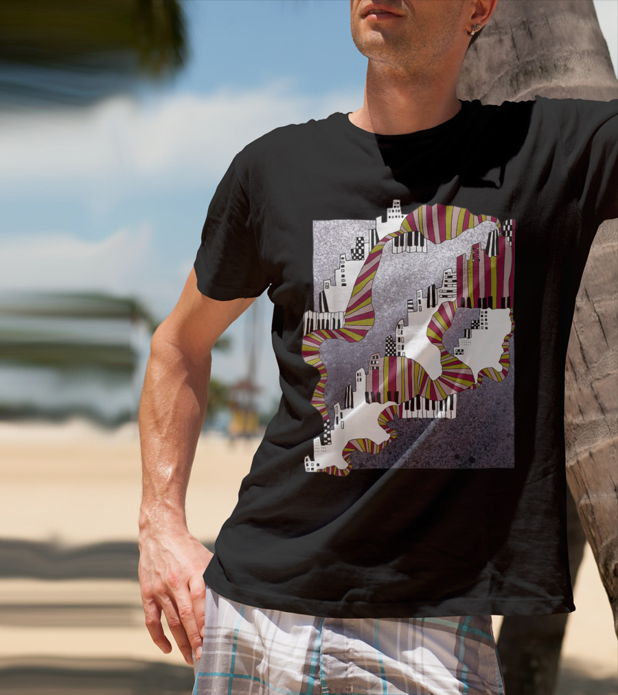 Mellow My Man Cityscape With 90s Hip Hop Piano Keys And Vibrant Stripes T-Shirt