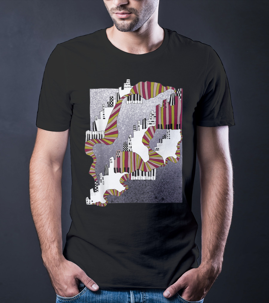 Mellow My Man Cityscape With 90s Hip Hop Piano Keys And Vibrant Stripes T-Shirt