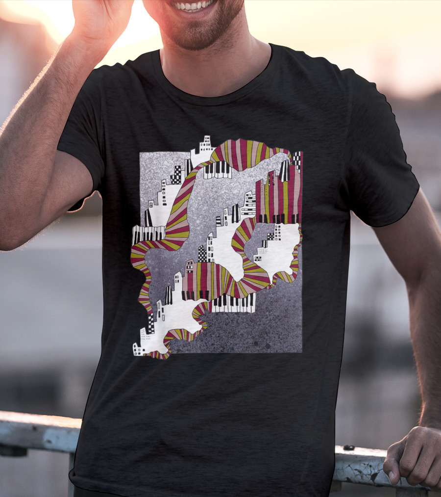 Mellow My Man Cityscape With 90s Hip Hop Piano Keys And Vibrant Stripes T-Shirt