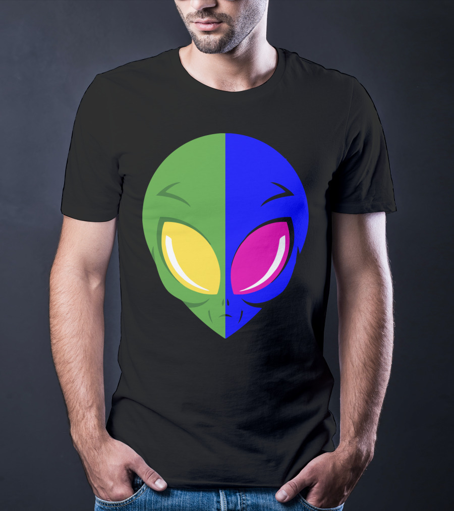 Mens Glow In The Dark Alien Head Dual Colors Green Blue Yellow Pink T-Shirt