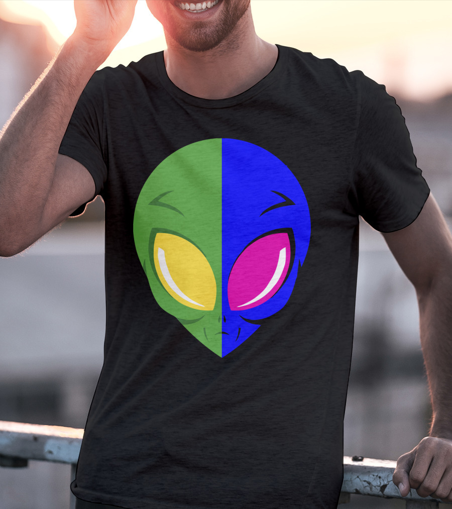 Mens Glow In The Dark Alien Head Dual Colors Green Blue Yellow Pink T-Shirt