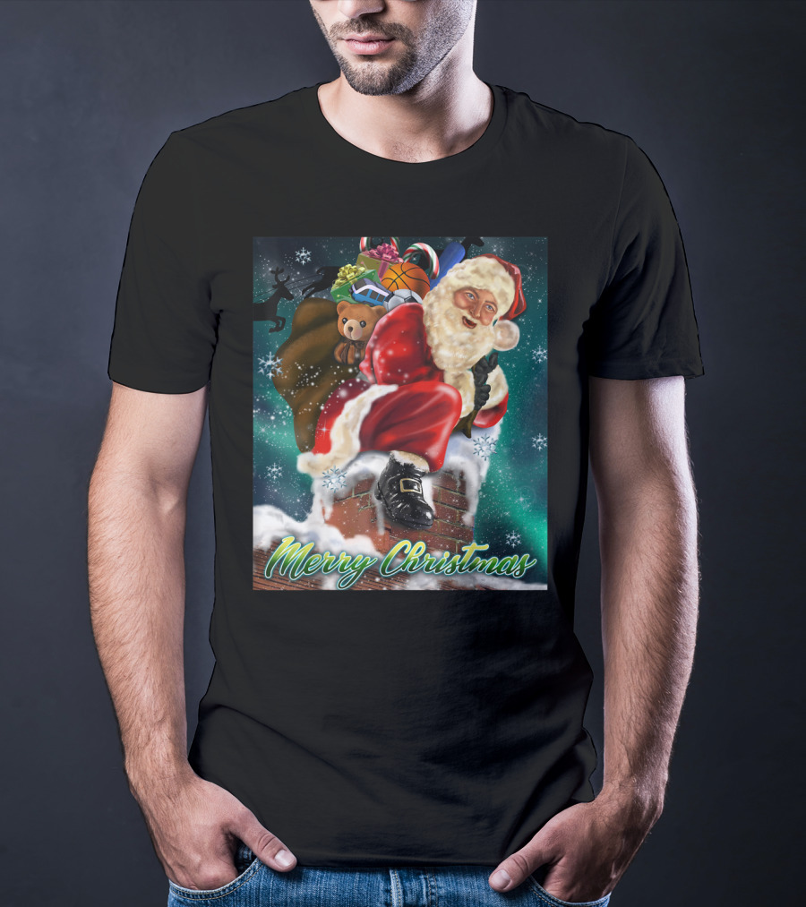 Merry Christmas Santa Claus On Chimney With Toy Sack Holiday Scene T-Shirt
