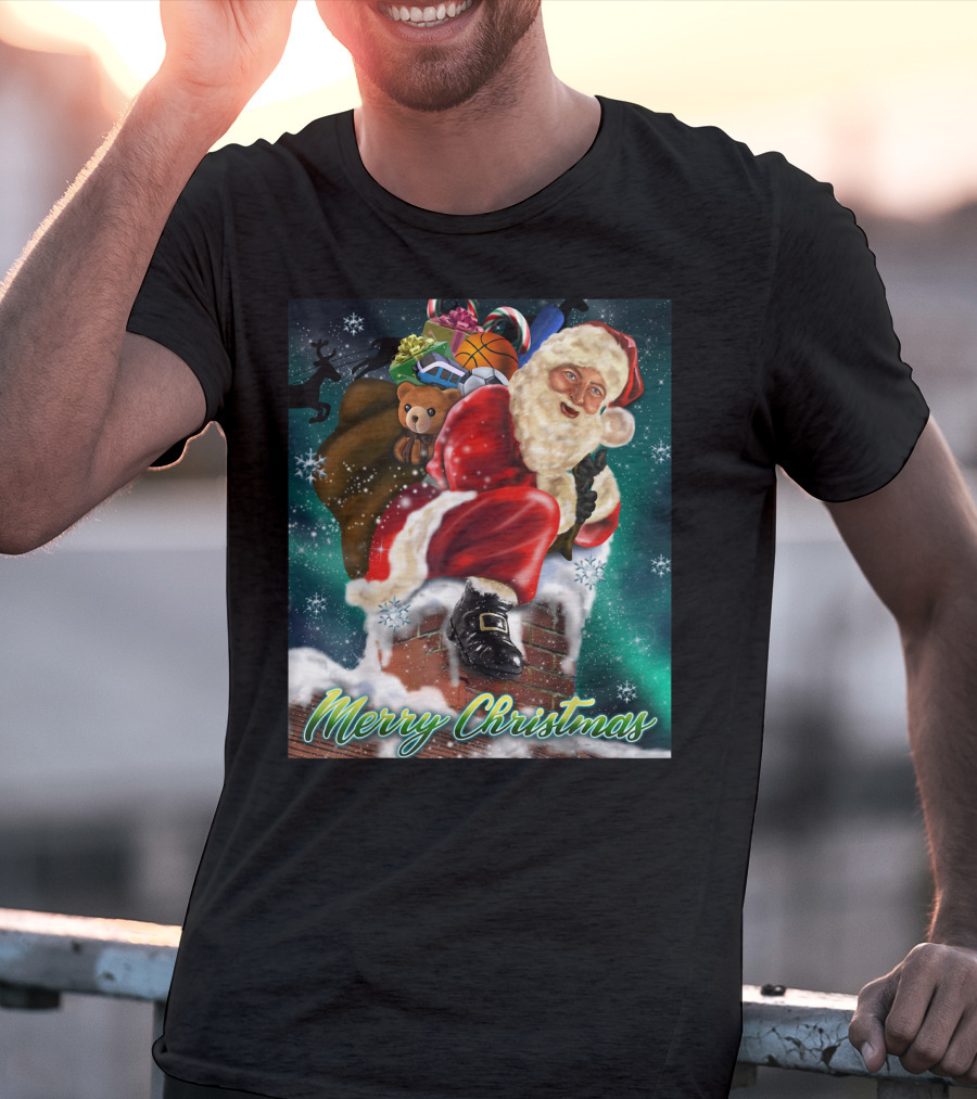 Merry Christmas Santa Claus On Chimney With Toy Sack Holiday Scene T-Shirt