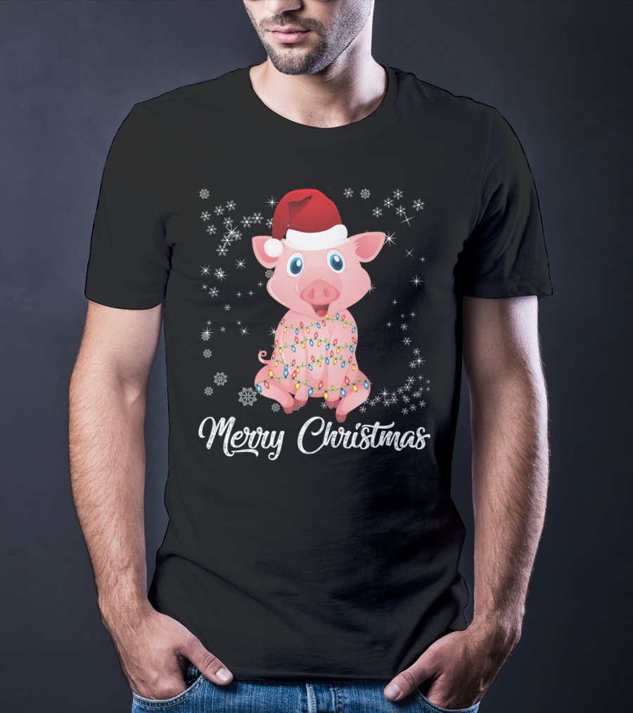 Merry Christmas Pig Santa Hat Wrapped In Holiday Lights T-Shirt