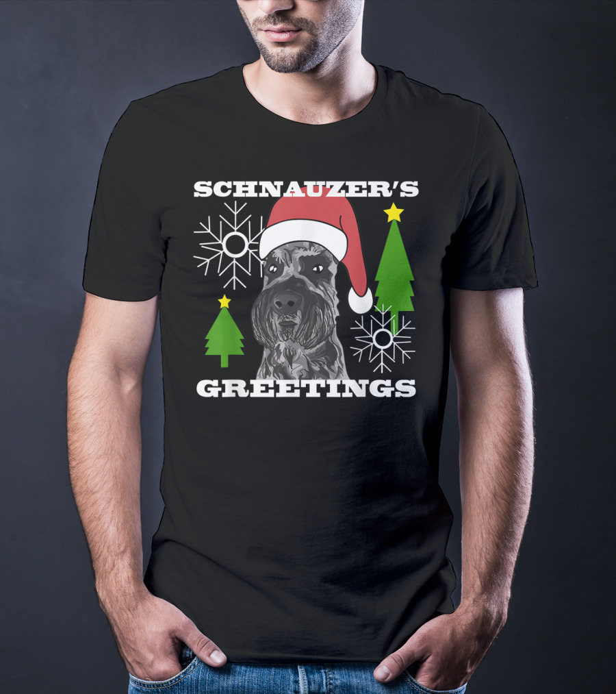 Schnauzer's Greetings Santa Hat Christmas Trees Snowflakes T-Shirt