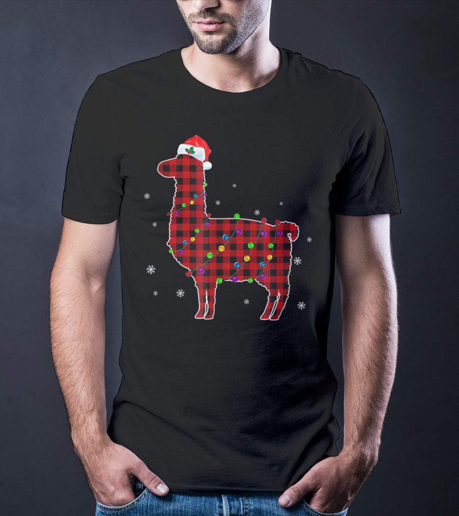 Red Plaid Buffalo Llama Christmas Lights Santa Hat T-Shirt
