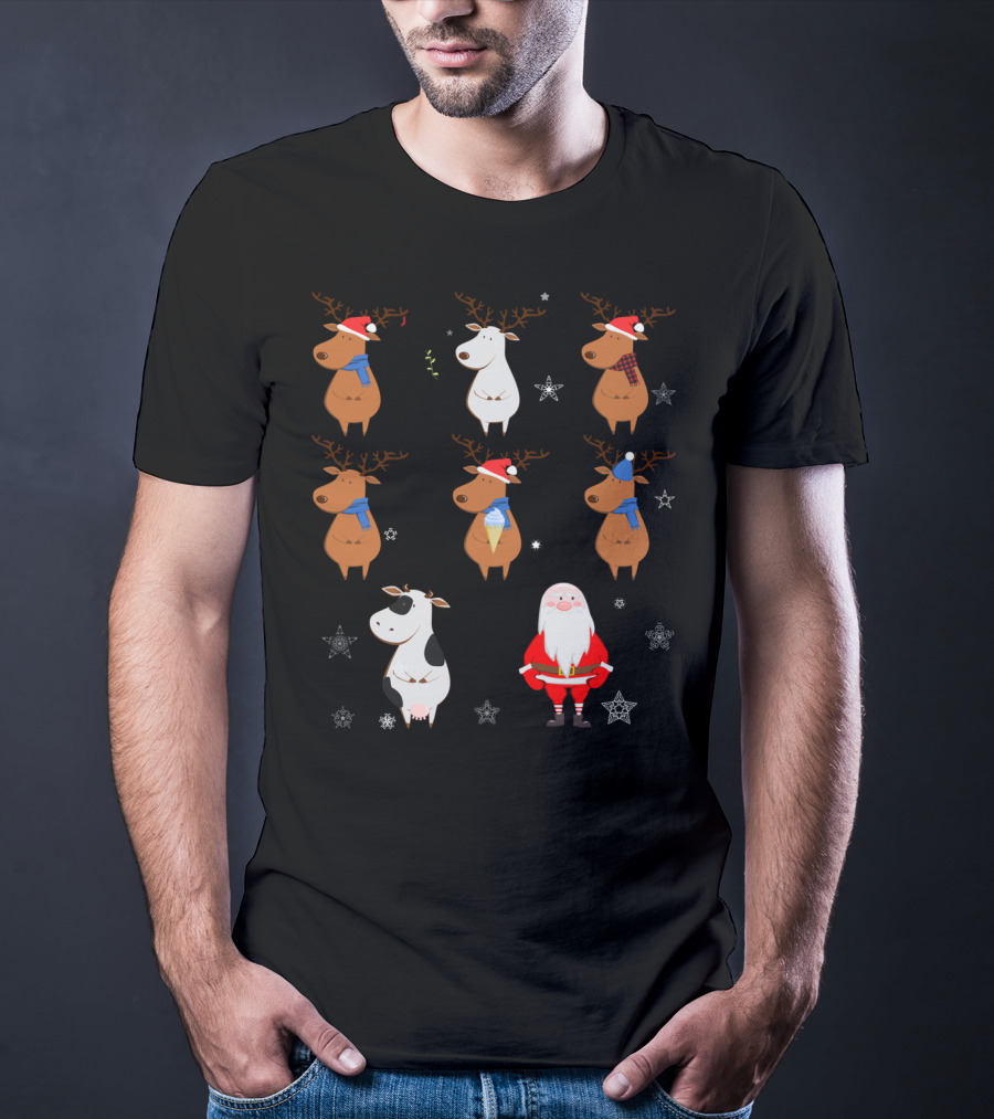 Santa Claus Reindeers With Cow And Snowflakes T-Shirt