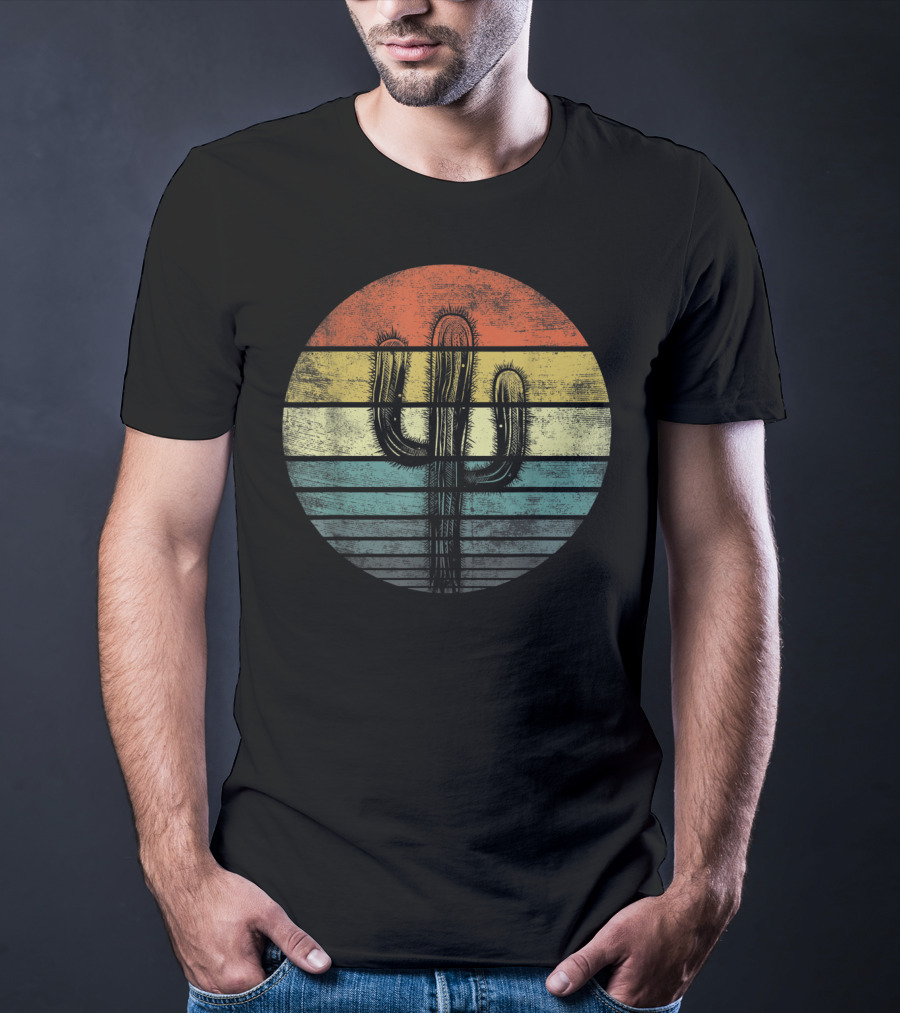 Retro Saguaro Cactus Sunset Stripes Cactaceae Vintage Vibes T-Shirt