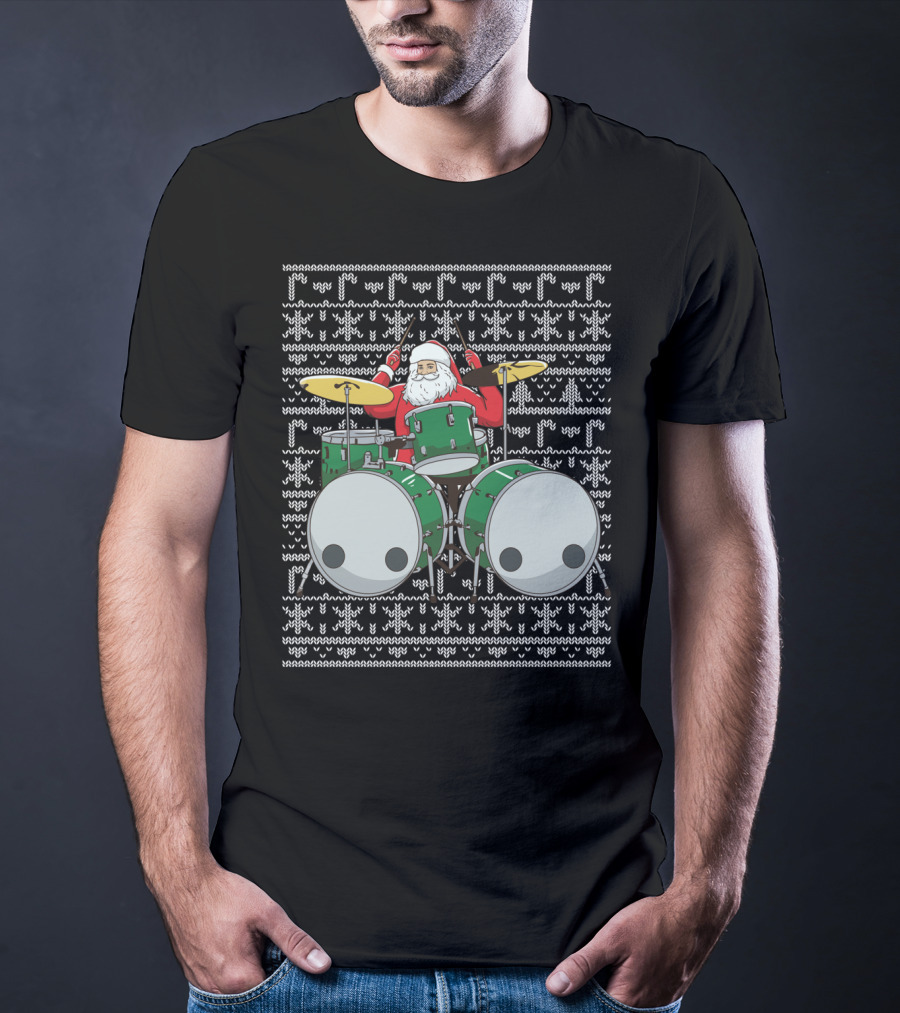 Santa Drummer Christmas Ugly Sweater Style Drums T-Shirt