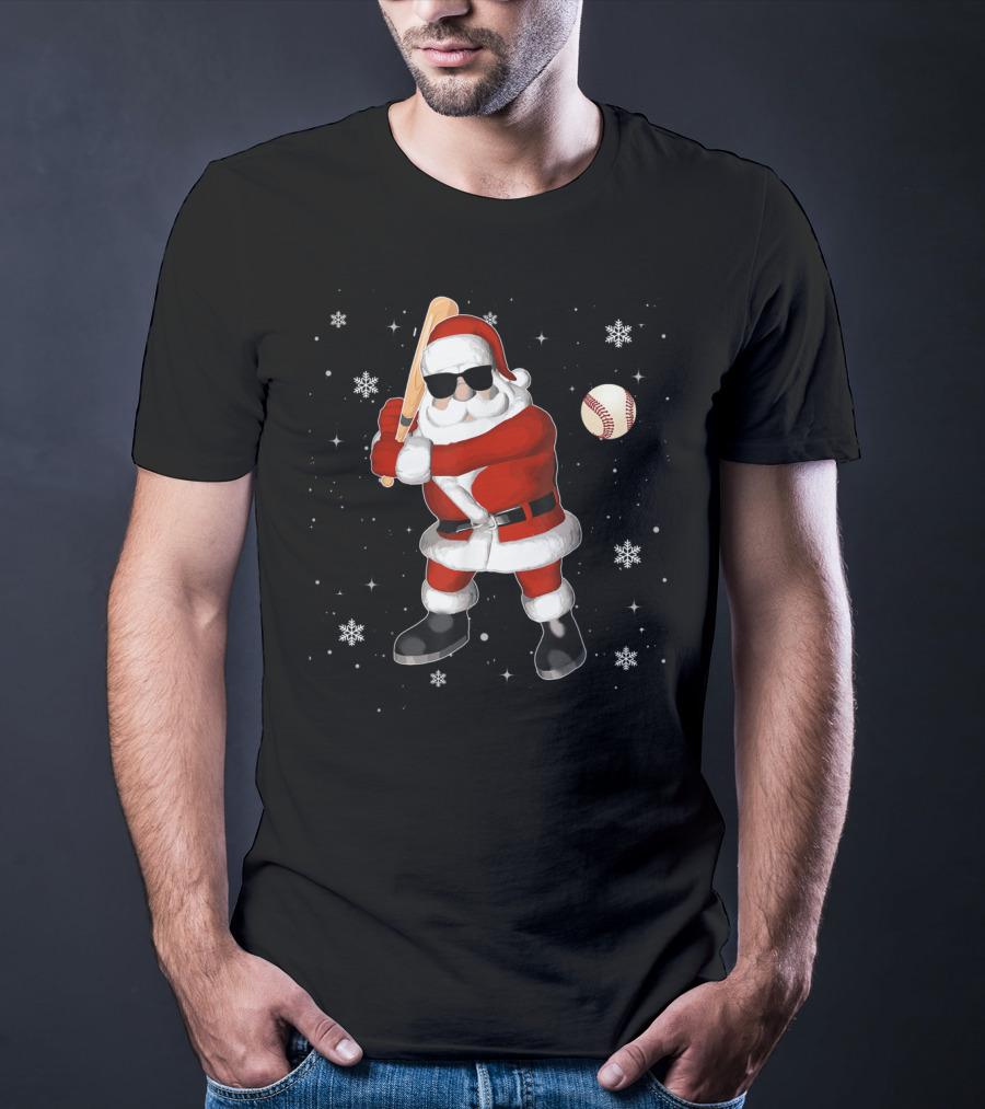 Santa Baseball Snowflake Batting Holiday T-Shirt