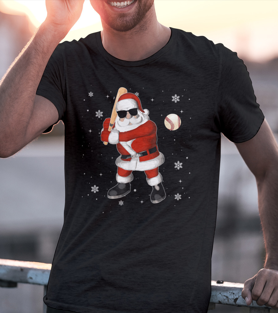 Santa Baseball Snowflake Batting Holiday T-Shirt