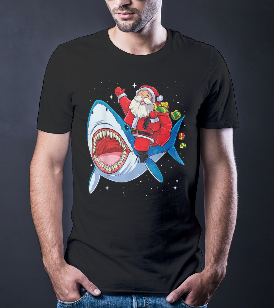 Santa And Presents On Shark In Starry Christmas Galaxy T-Shirt