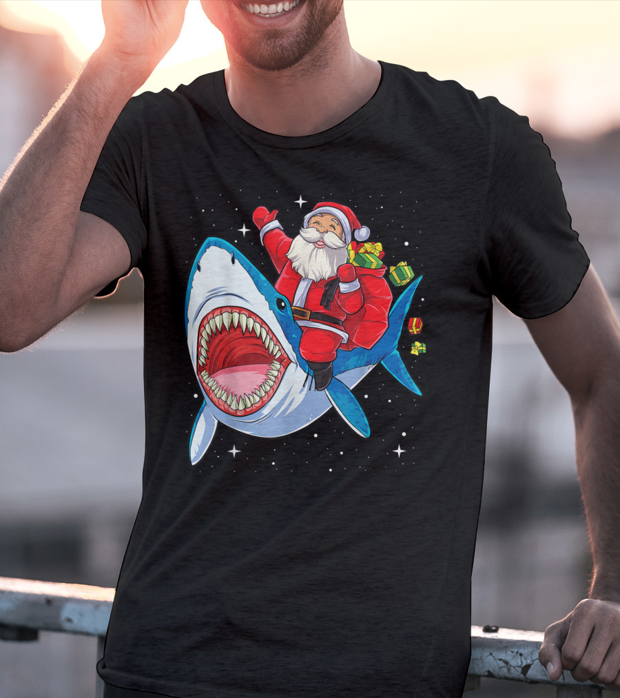 Santa And Presents On Shark In Starry Christmas Galaxy T-Shirt