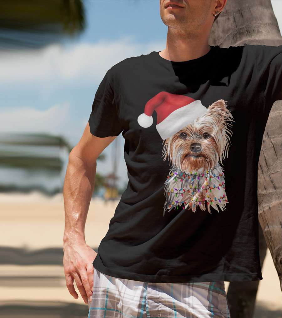 Santa Yorkie Terrier Dog With Christmas Lights Reindeer T-Shirt