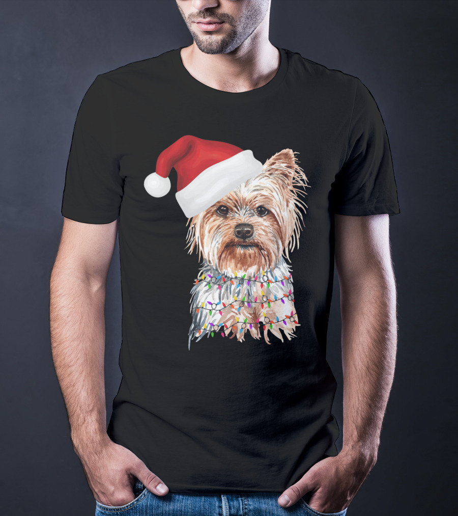 Santa Yorkie Terrier Dog With Christmas Lights Reindeer T-Shirt