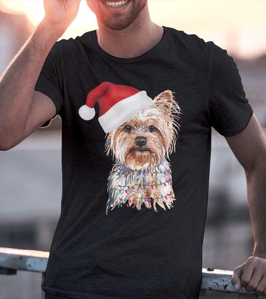 Santa Yorkie Terrier Dog With Christmas Lights Reindeer T-Shirt