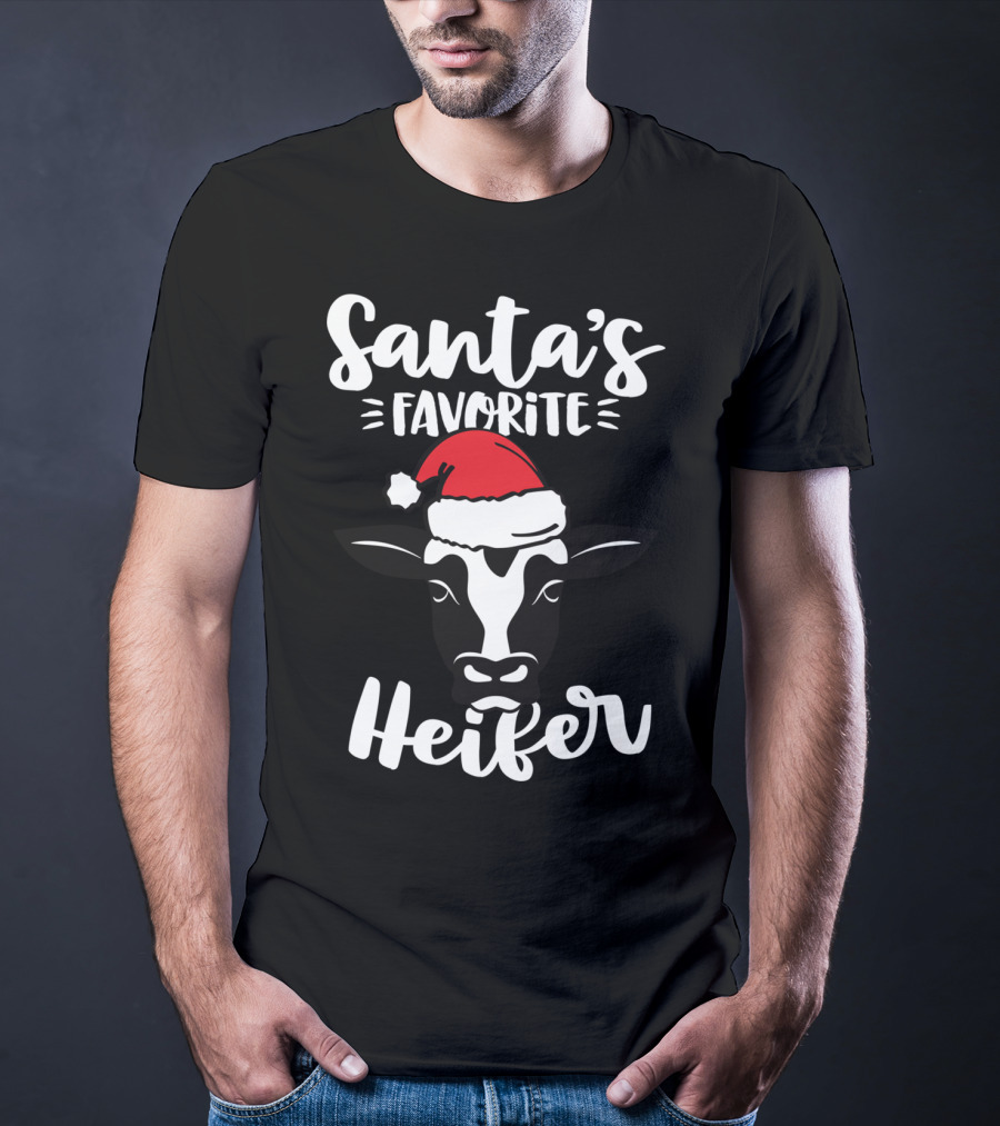 Santa's Favorite Heifer Cow Cattle Farmer Christmas Santa Hat T-Shirt