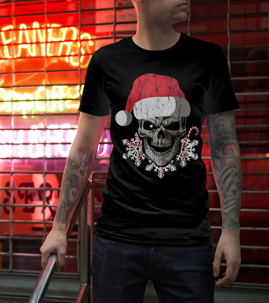Skull Santa Hat Snowflakes Candy Cane T-Shirt