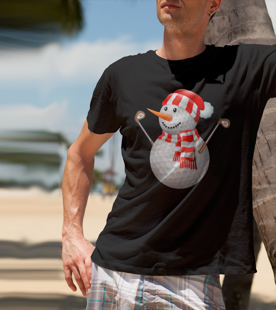 Snowman Golf Ball Christmas Hat Red Scarf Golf Clubs T-Shirt