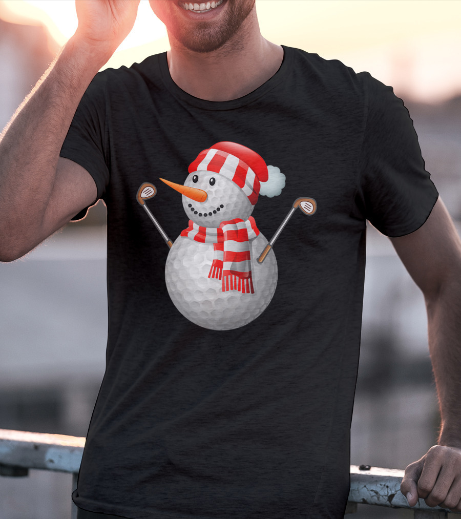 Snowman Golf Ball Christmas Hat Red Scarf Golf Clubs T-Shirt