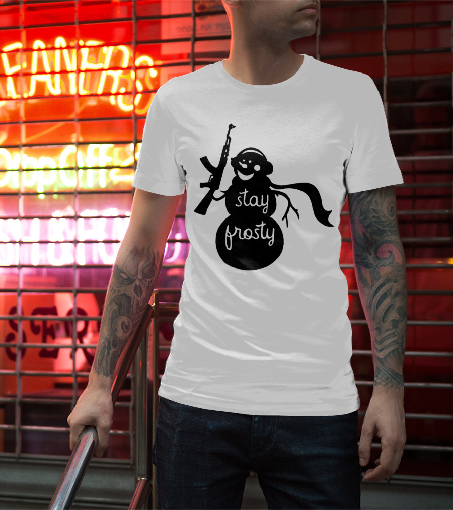 Stay Frosty Snowman With Headphones And Rifle T-Shirt