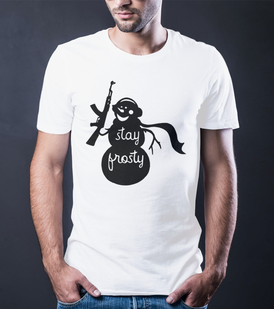 Stay Frosty Snowman With Headphones And Rifle T-Shirt