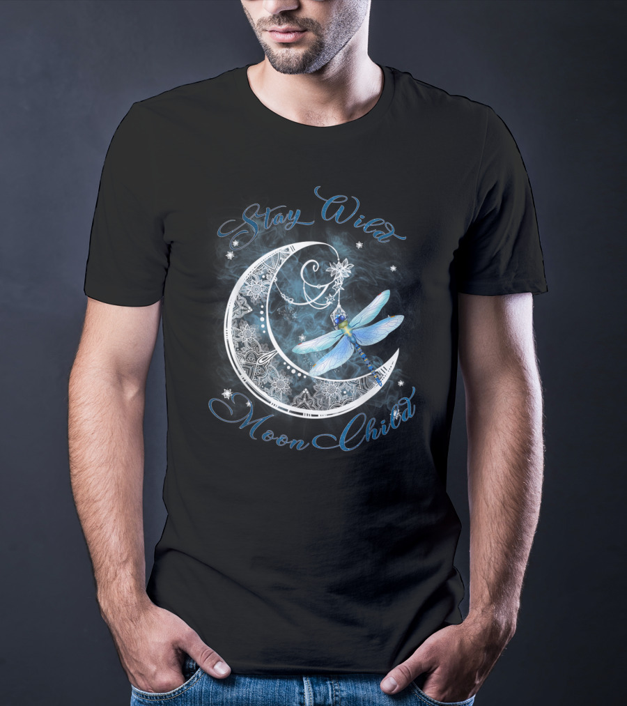 Stay Wild Moon Child Dreamy Dragonfly On Crescent Moon T-Shirt