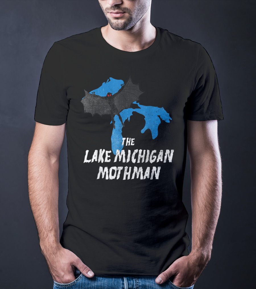 The Lake Michigan Mothman Over Michigan Map With Black And Red Bat Monster T-Shirt