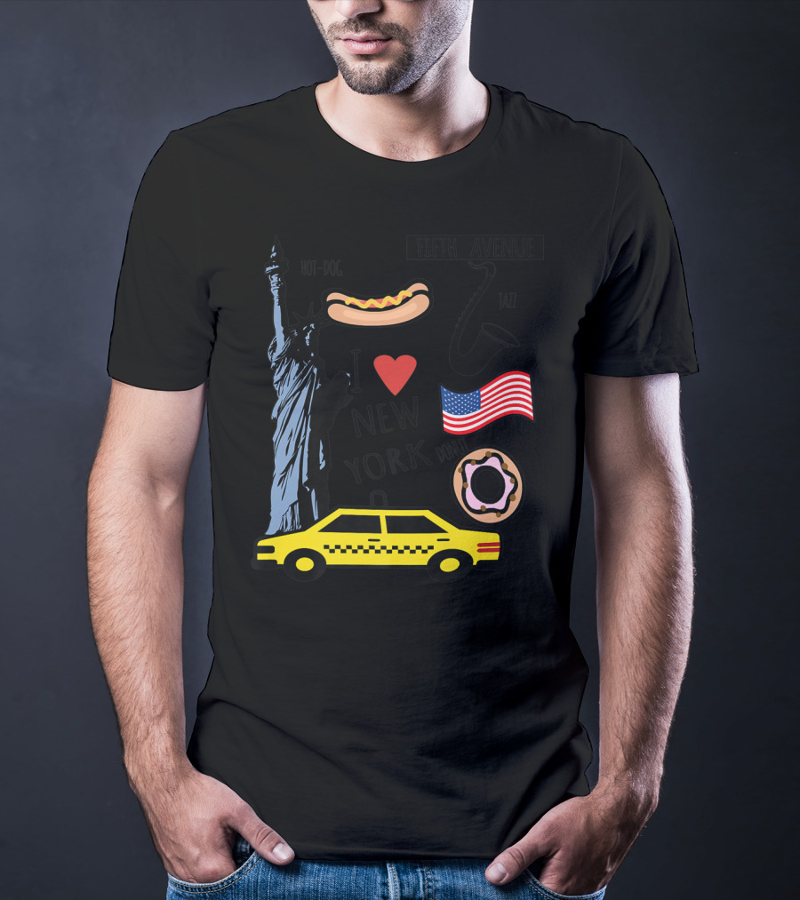 I Heart New York Top Spots Statue Of Liberty Taxi Fifth Avenue Hot Dog Jazz Donut American Flag T-Shirt