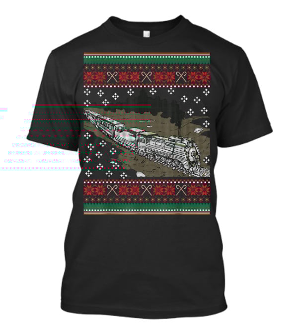 Steam Engine Train Ugly Christmas Pattern Railroad T-Shirt