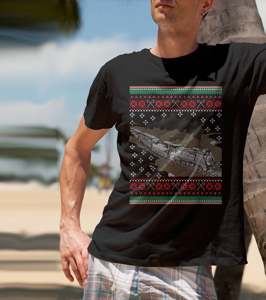 Steam Engine Train Ugly Christmas Pattern Railroad T-Shirt