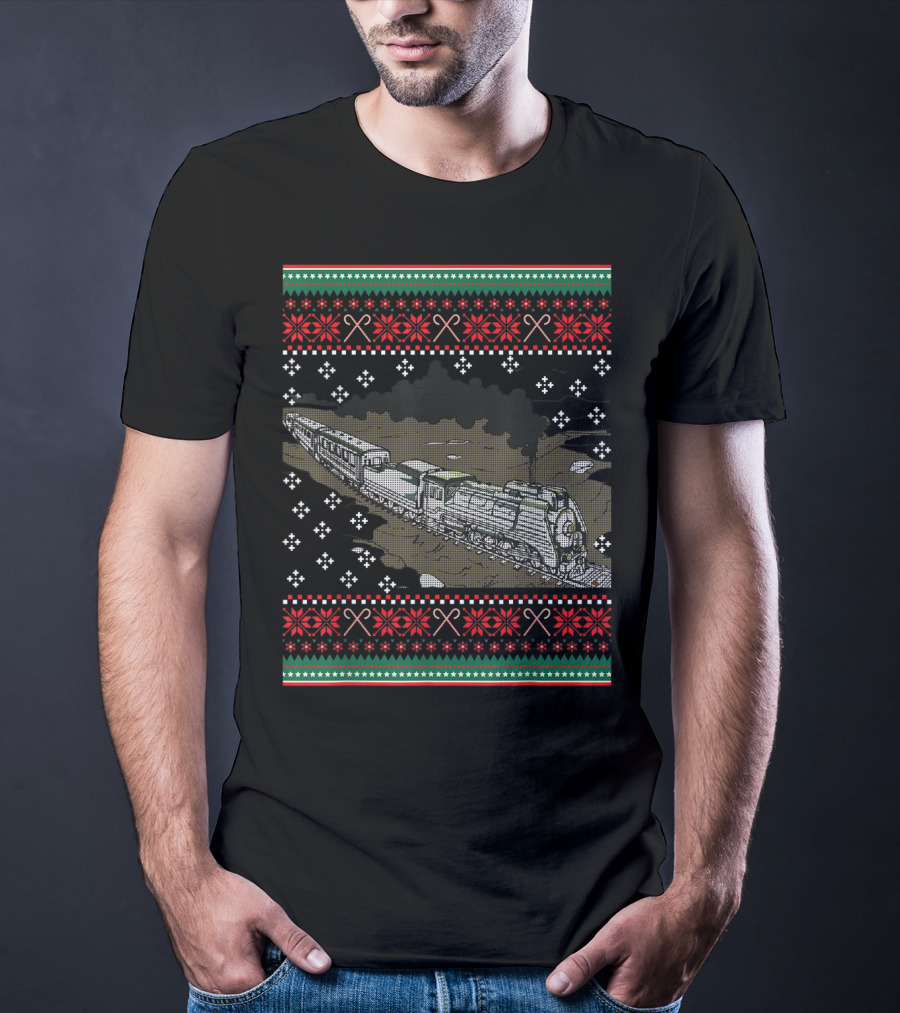 Steam Engine Train Ugly Christmas Pattern Railroad T-Shirt