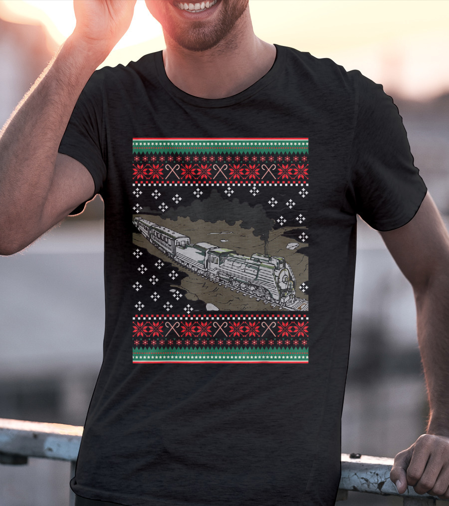 Steam Engine Train Ugly Christmas Pattern Railroad T-Shirt