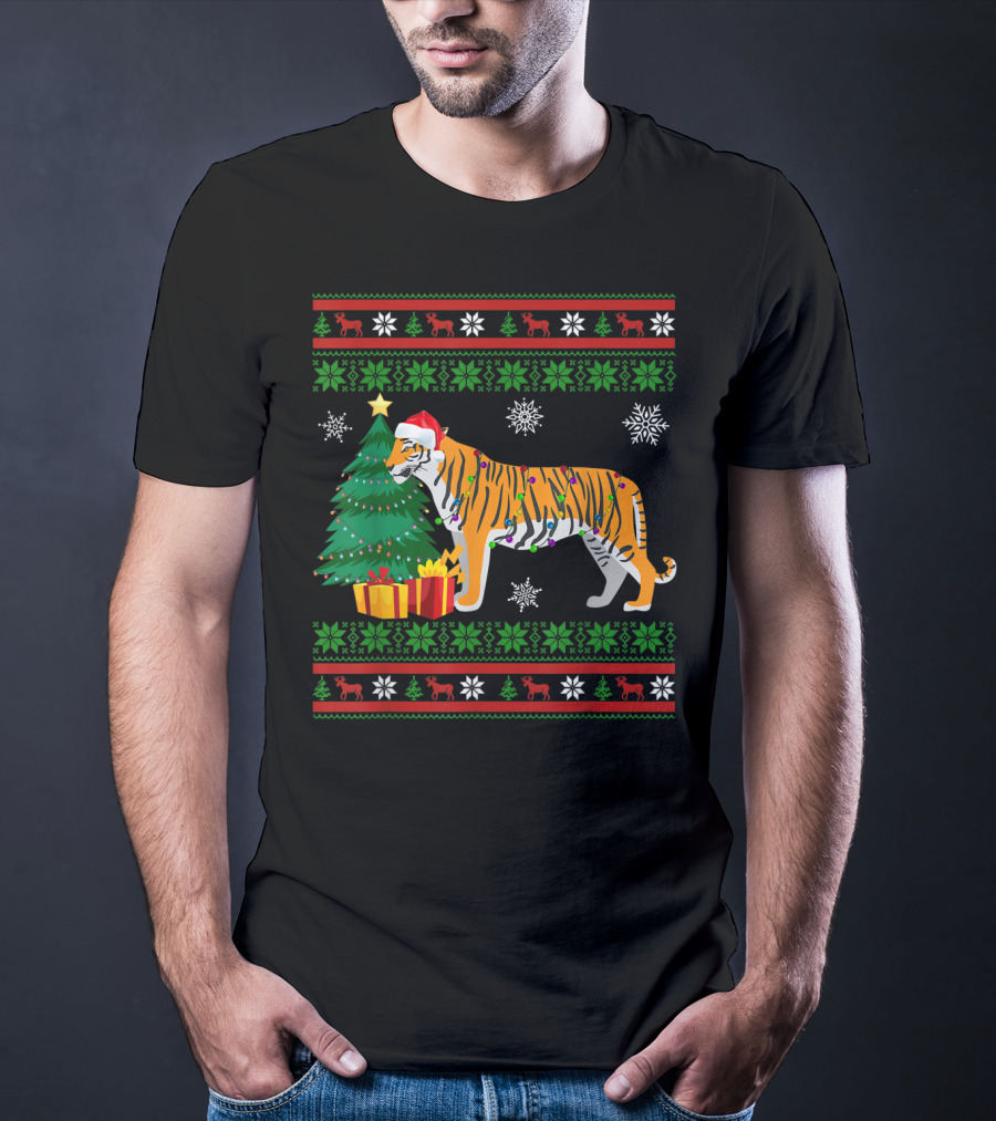 Tiger With Santa Hat And Christmas Tree Holiday Pattern Snowflakes And Reindeer T-Shirt