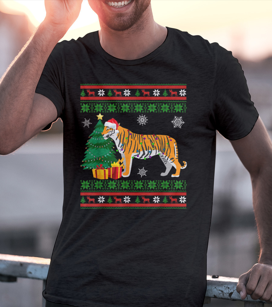 Tiger With Santa Hat And Christmas Tree Holiday Pattern Snowflakes And Reindeer T-Shirt