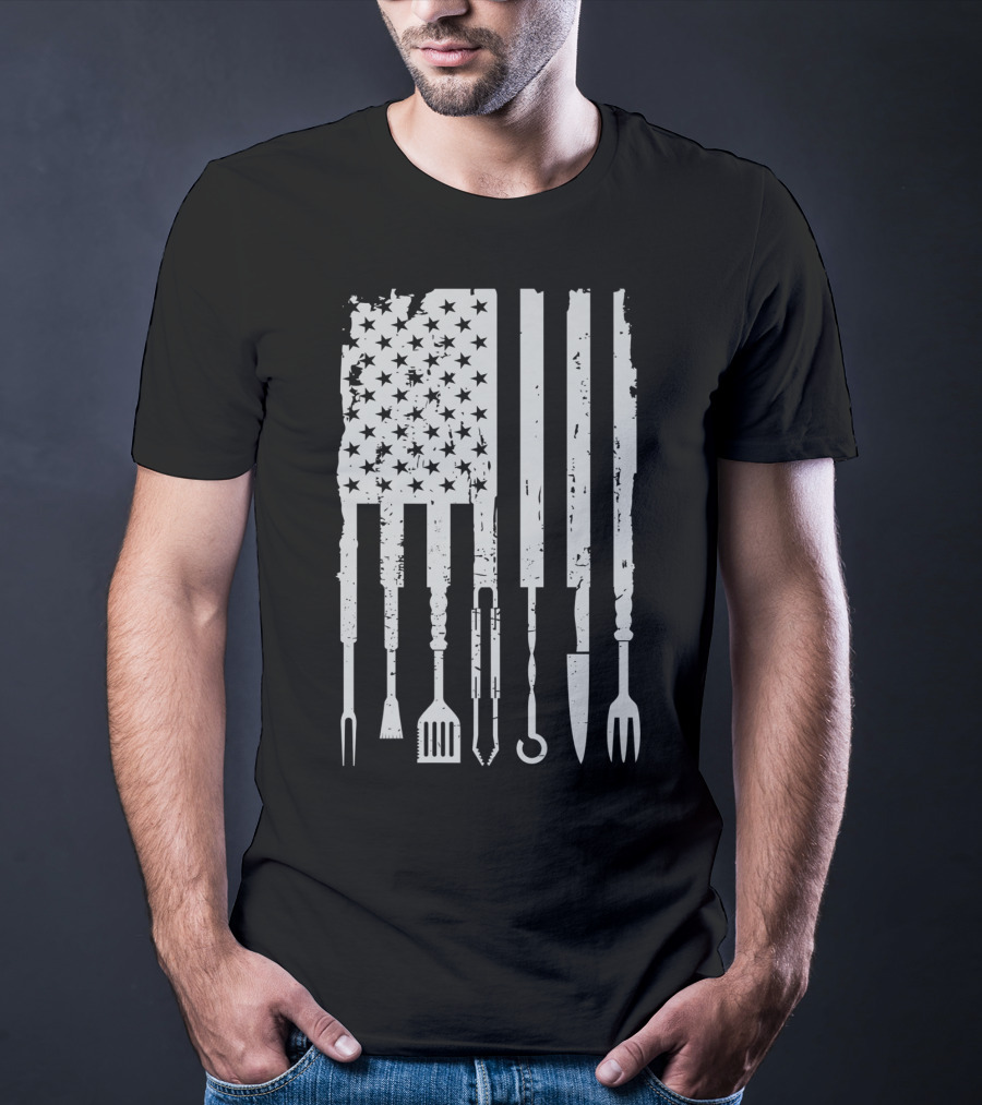 Vintage BBQ Smoker Grilling Barbecue Pitmaster American Flag Tools T-Shirt
