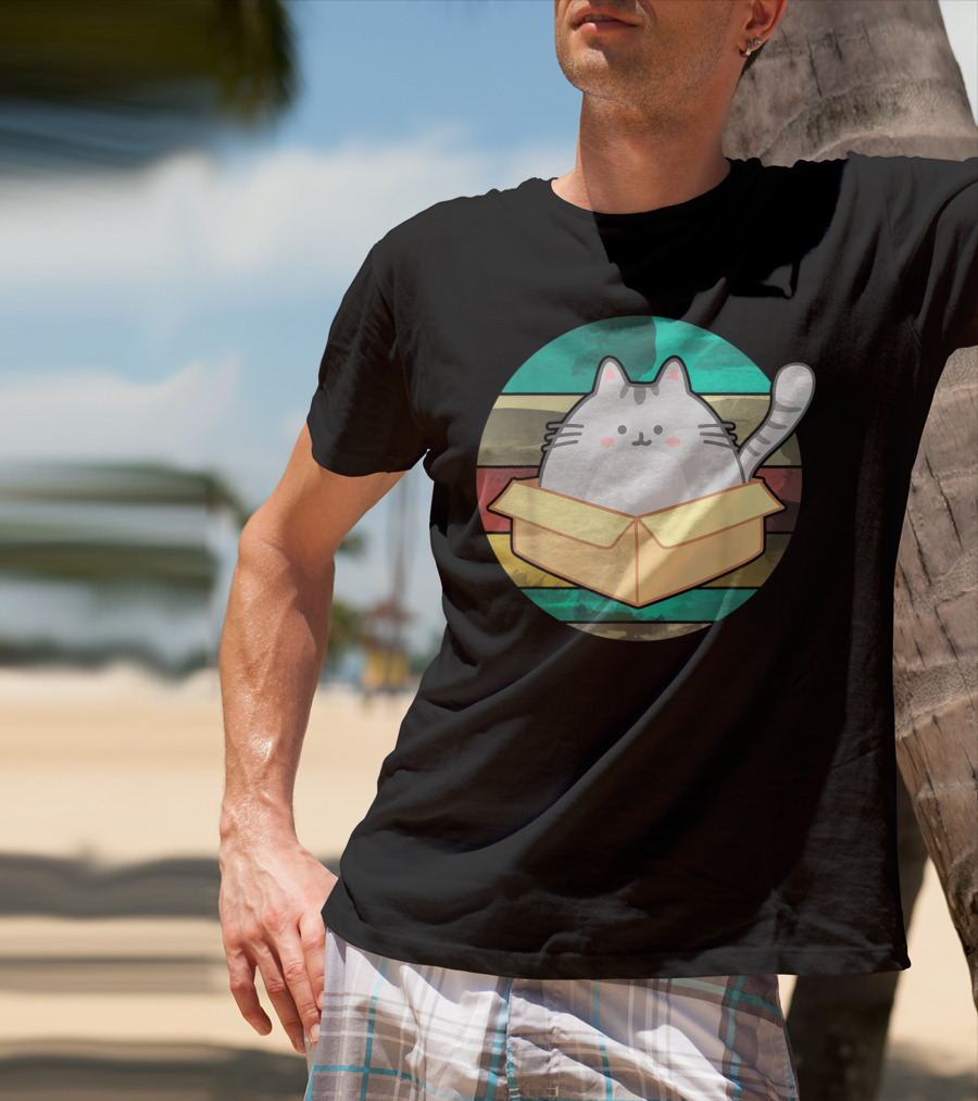 Retro Fat Cat In Box With Vintage Stripes T-Shirt