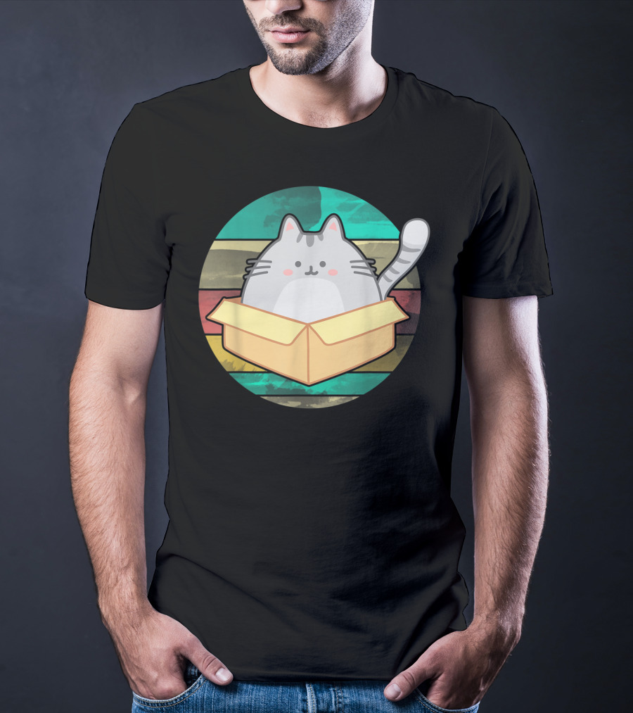 Retro Fat Cat In Box With Vintage Stripes T-Shirt