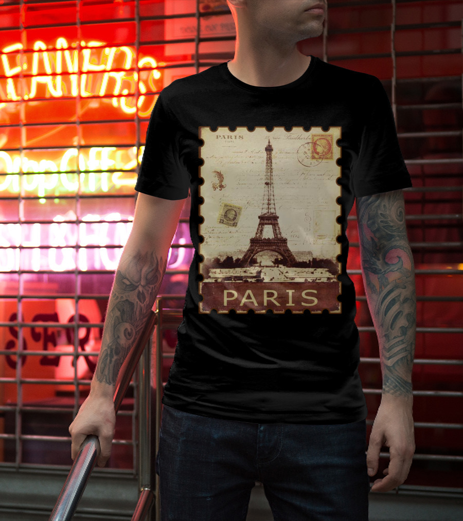 Vintage Eiffel Tower Paris Stamp With Distressed Paris Text T-Shirt