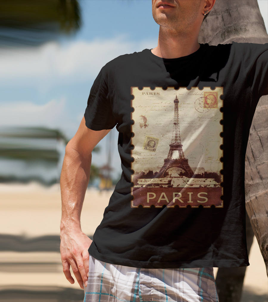 Vintage Eiffel Tower Paris Stamp With Distressed Paris Text T-Shirt