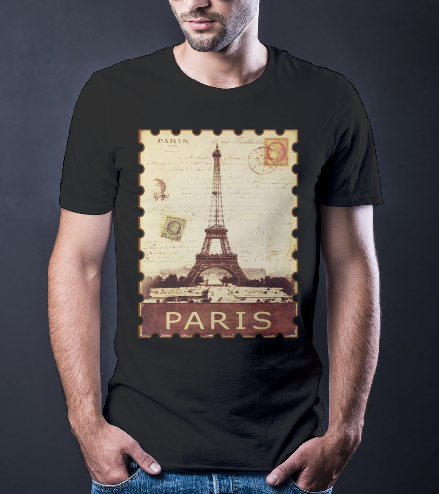 Vintage Eiffel Tower Paris Stamp With Distressed Paris Text T-Shirt