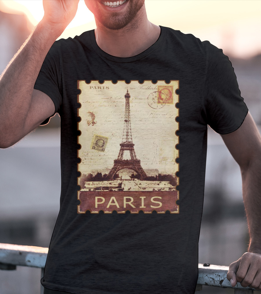 Vintage Eiffel Tower Paris Stamp With Distressed Paris Text T-Shirt