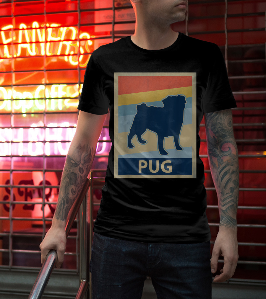 Vintage Pug Silhouette With Retro Stripes T-Shirt