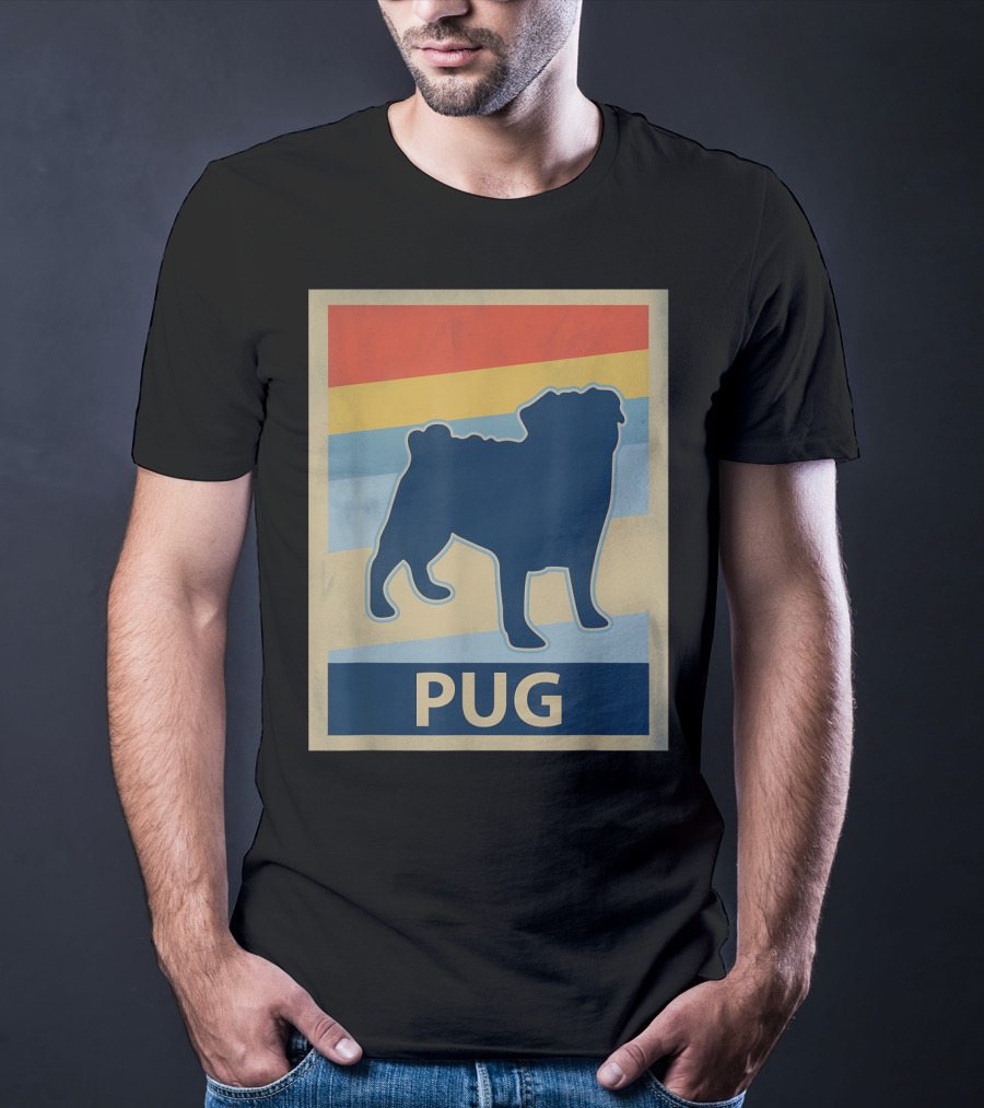 Vintage Pug Silhouette With Retro Stripes T-Shirt