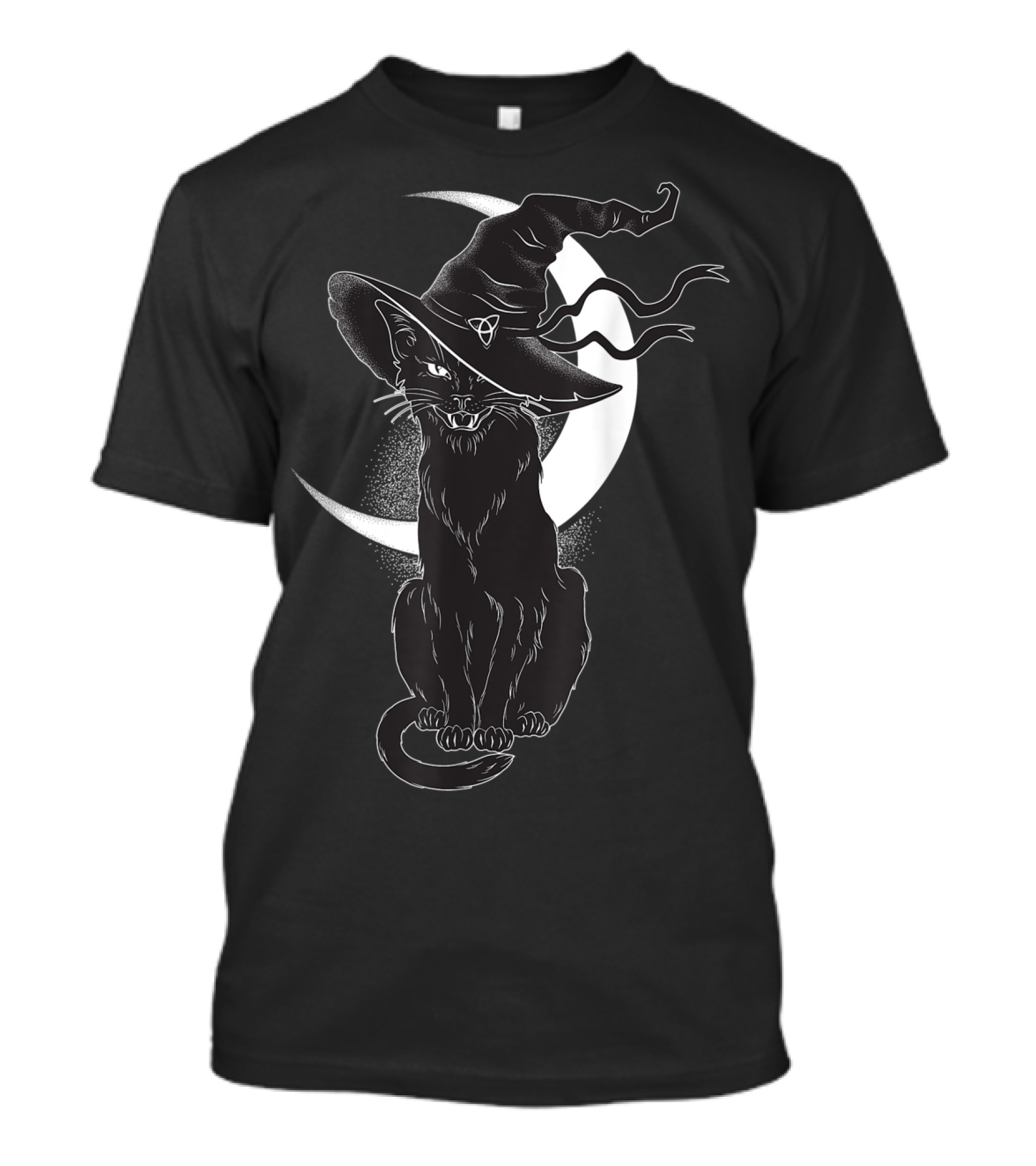 Vintage Scary Halloween Black Cat Sitting In Front Of Crescent Moon Wearing Witch Hat T-Shirt