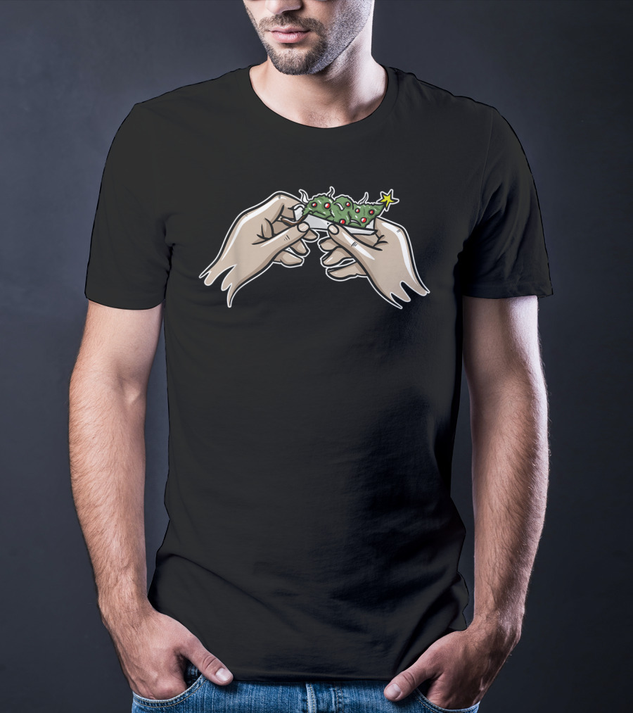 Weed Marijuana Xmas Tree Ornaments Hands Rolling Christmas T-Shirt