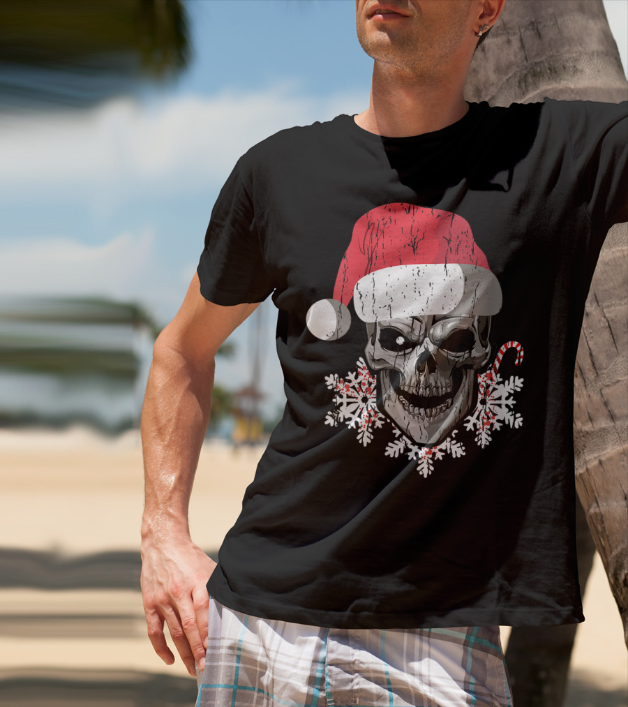 Skull With Santa Hat Snowflakes Candy Cane T-Shirt