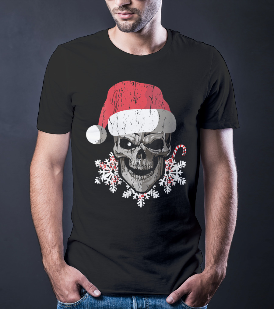 Skull With Santa Hat Snowflakes Candy Cane T-Shirt
