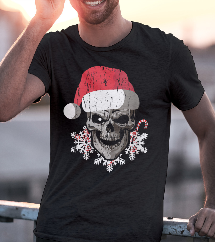 Skull With Santa Hat Snowflakes Candy Cane T-Shirt