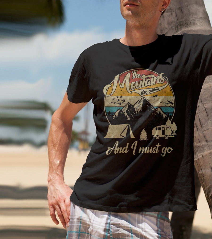 The Mountains Are Calling And I Must Go Vintage 80s Camping Scene T-Shirt